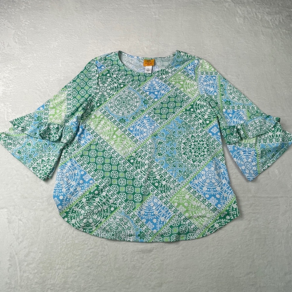 Ruby Rd Blouse Womens PL Green Patchwork Excellent Bell Ruffle Sleeve Top